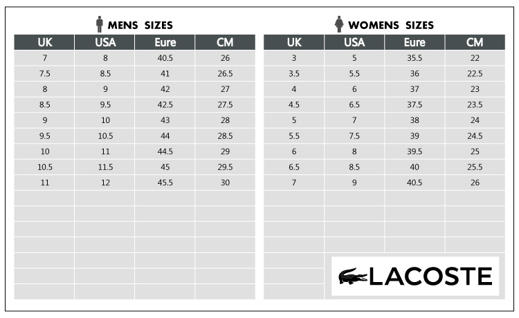 Lacoste men's and women's size chart