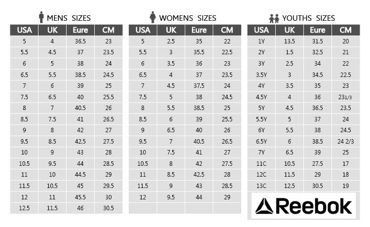 reebok shoe size chart